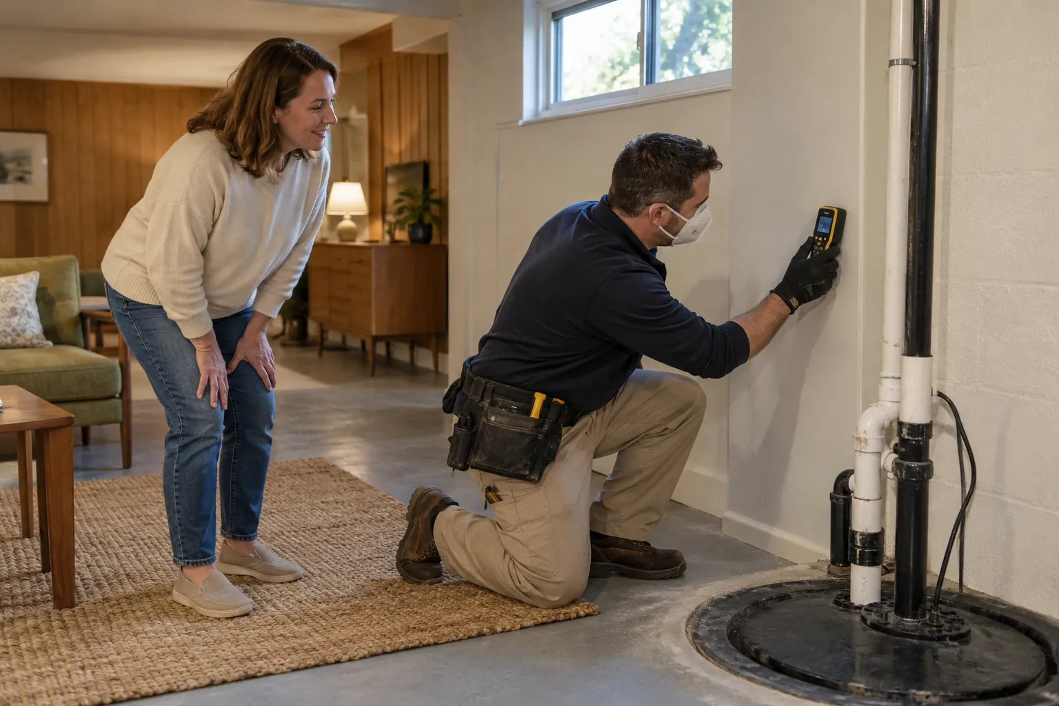 Homeowner and a local mold provider checking a basement wall together in Detroit