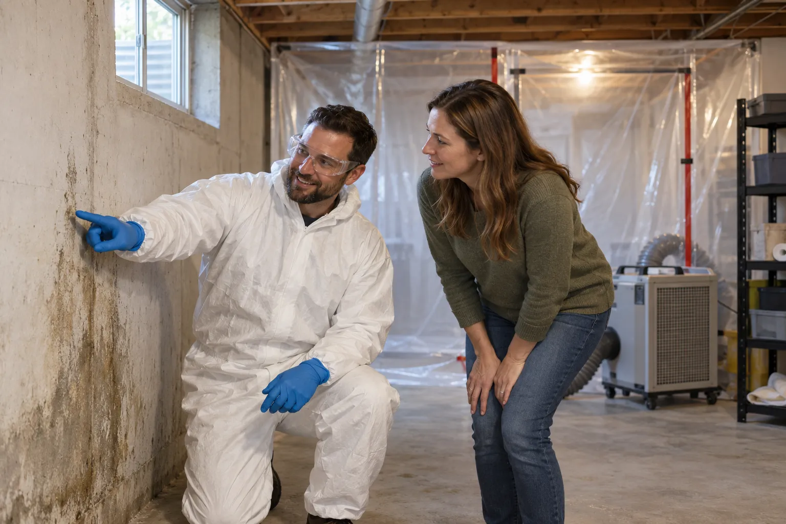 Friendly mold remediation provider reviewing a basement wall with a homeowner in the Detroit area